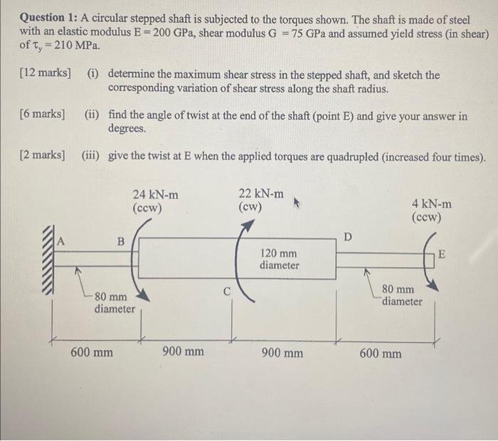 Solved Question 1: A circular stepped shaft is subjected to | Chegg.com