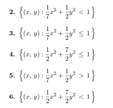 \( \begin{array}{l}\left\{(x, y): \frac{1}{7} x^{2}+\frac{1}{2} y^{2}<1\right\} \\ \left\{(x, y): \frac{1}{7} x^{2}+\frac{1}{