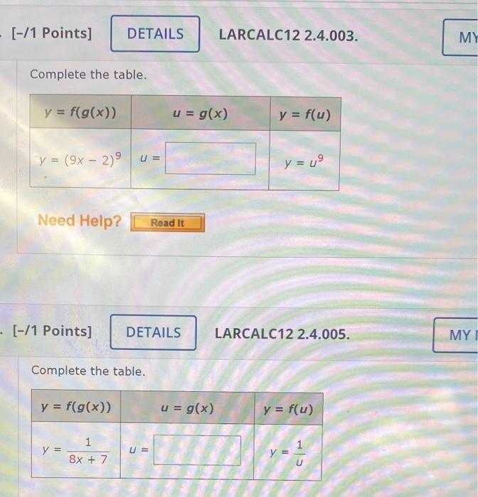 [-/1 Points] LARCALC12 2.4.003. Complete the table. [-/1 Points] Complete the table.