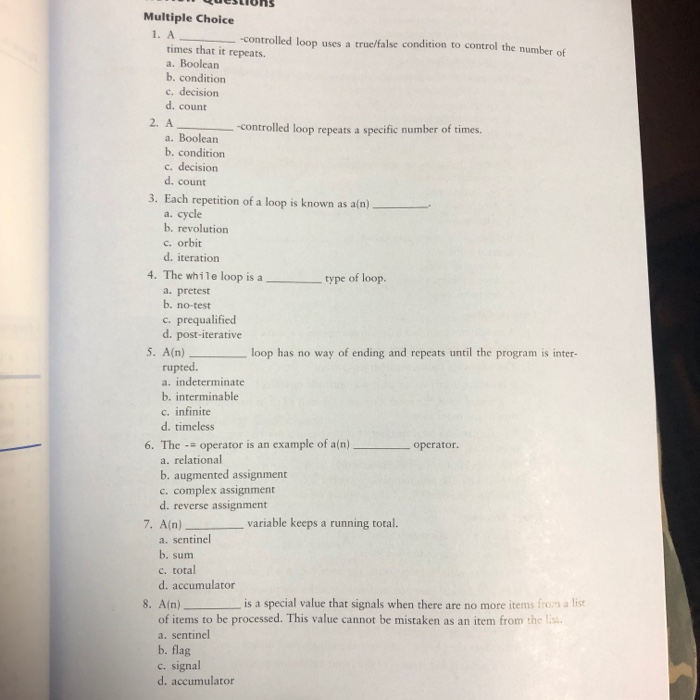 Solved Multiple Choice 1. A -controlled loop uses a | Chegg.com