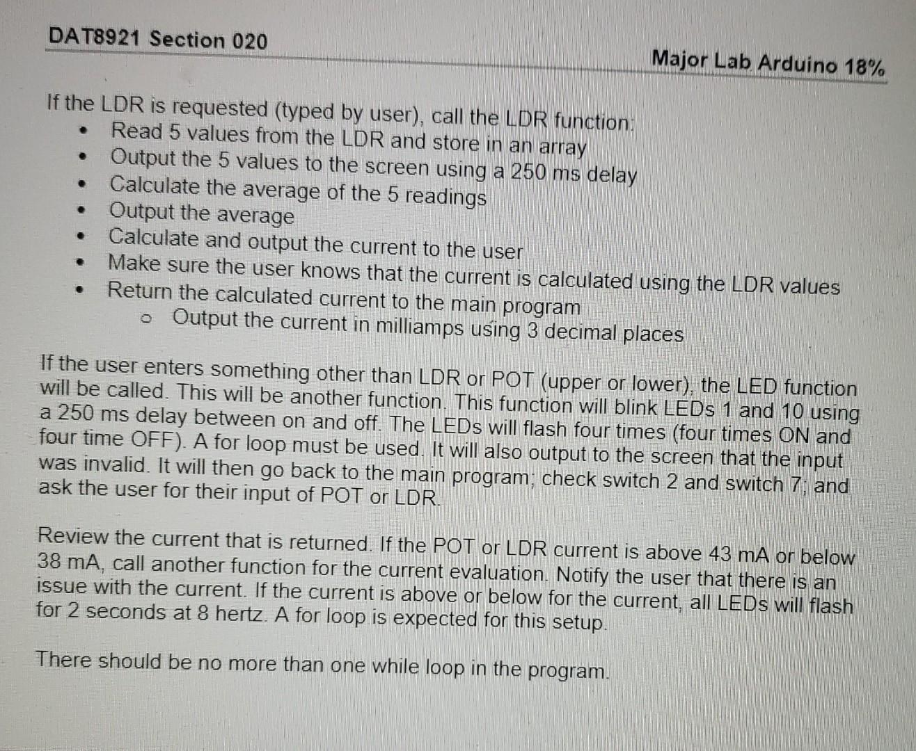 Solved DAT8921 Section 020 Major Lab Arduino 18\% For this | Chegg.com