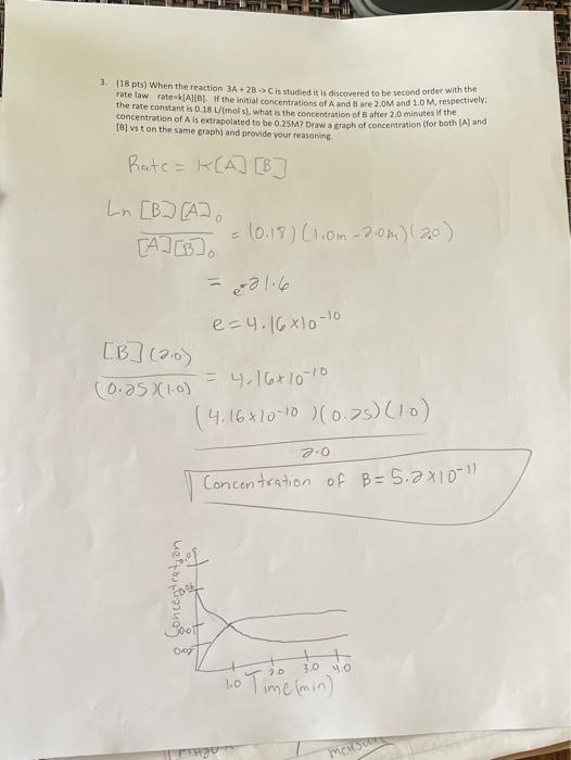 Solved 3. (18 pts) When the reaction 3A + 2B -> Cis studied | Chegg.com