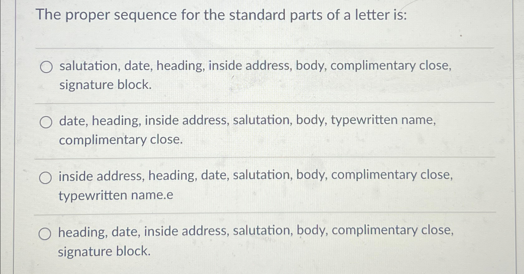 Solved The proper sequence for the standard parts of a | Chegg.com