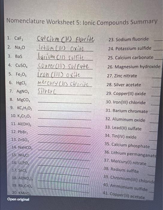 Solved Nomenclature Worksheet 5: Lonic Compounds Summary 23. 