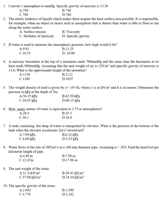 Solved 1 Convert 1 Atmosphere To MmHg Specific Gravity Of Chegg