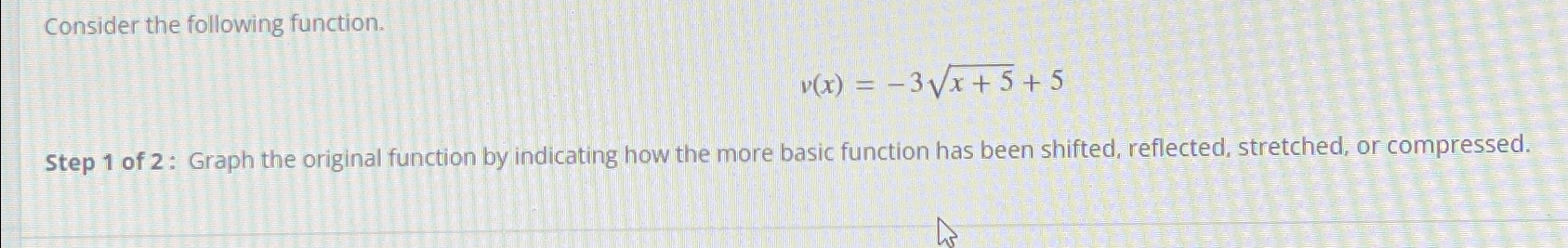 Solved Consider the following function.v(x)=-3x+52+5Step 1 | Chegg.com