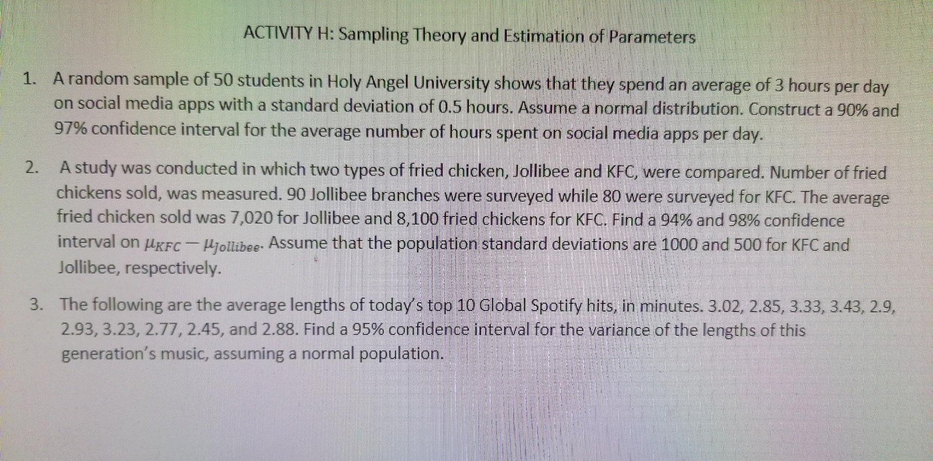 Solved ACTIVITY H: Sampling Theory and Estimation of | Chegg.com