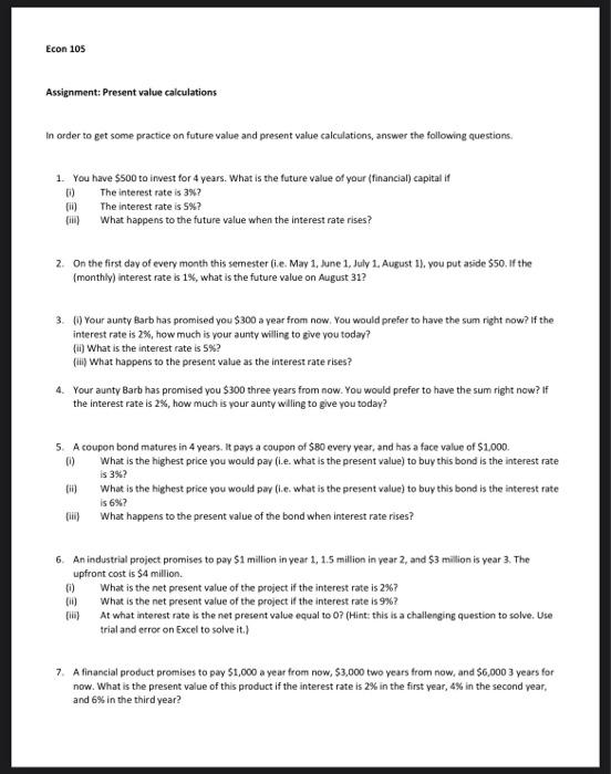 Solved Econ 105 Assignment: Present value calculations In | Chegg.com