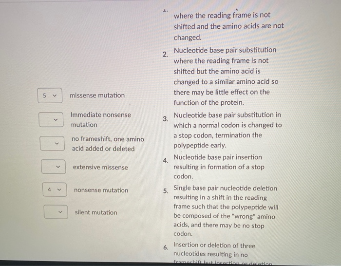 Solved 1. 2. 5 missense mutation y Immediate nonsense | Chegg.com