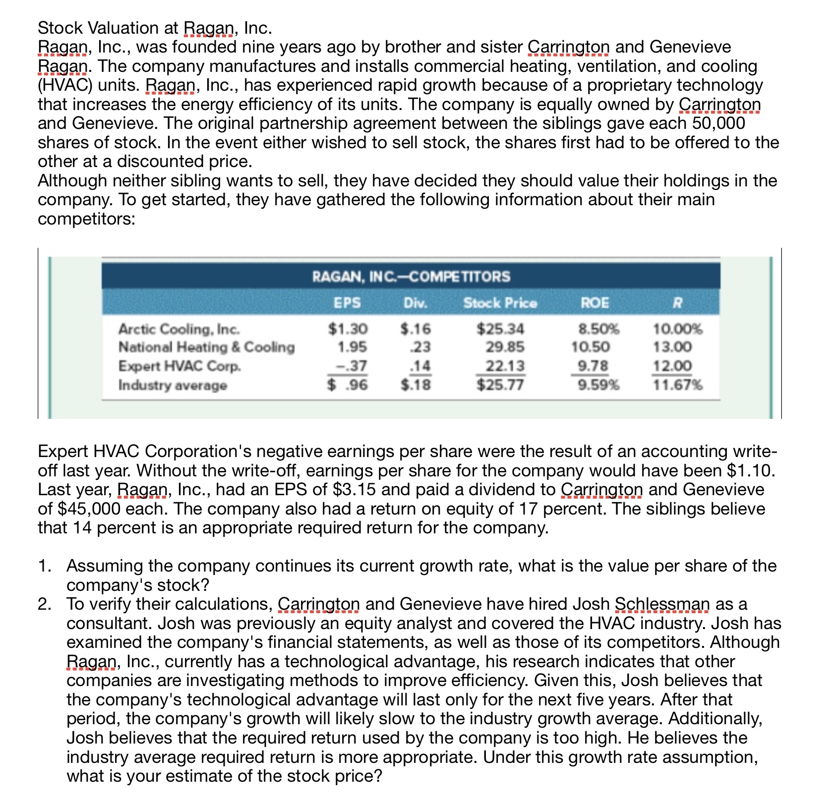 chapter 7 case study stock valuation at ragan inc