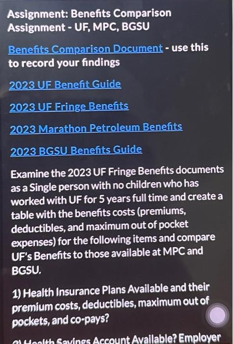 Solved Assignment: Benefits Comparison Assignment - UF, MPC, | Chegg.com