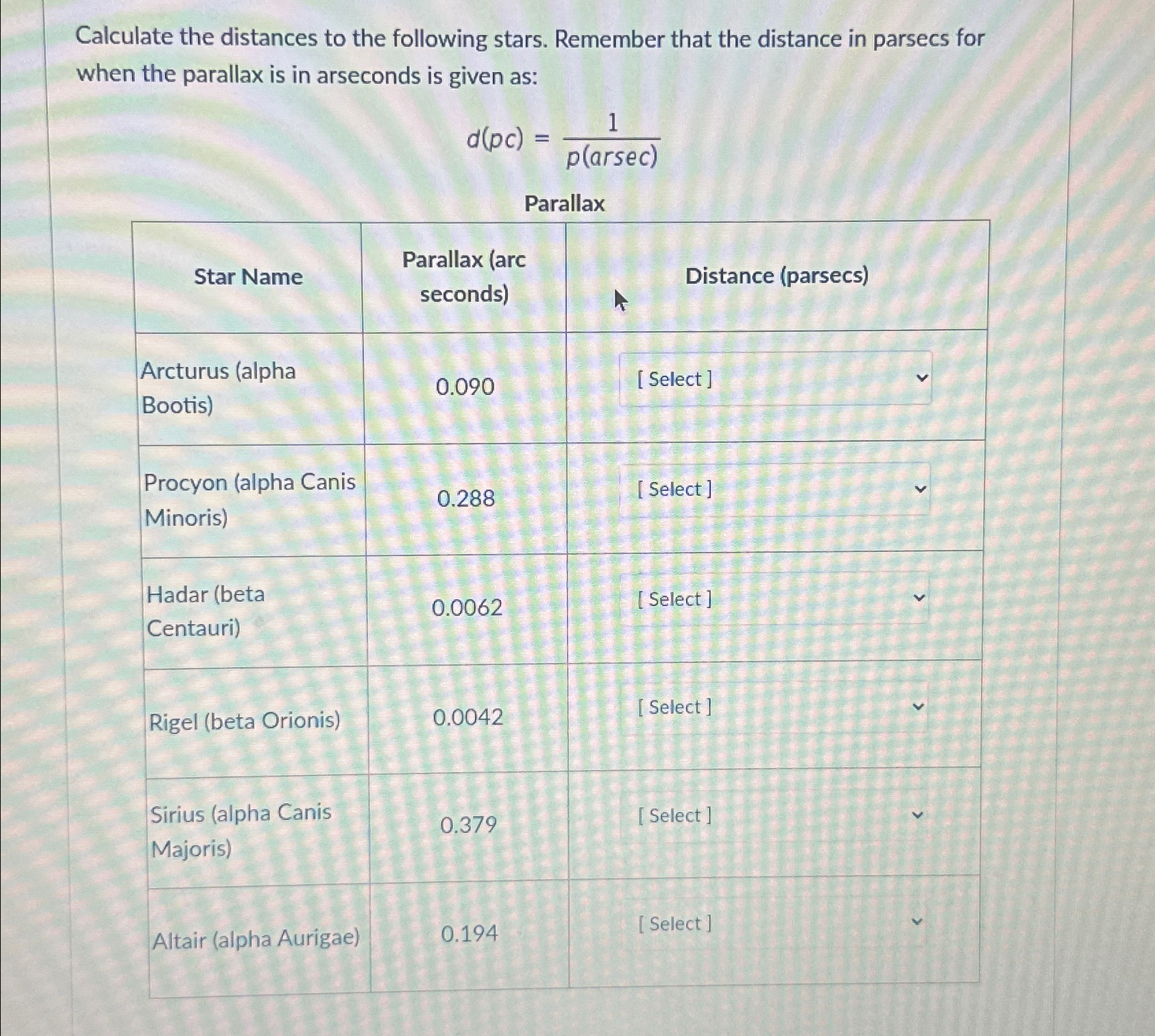 Solved Calculate the distances to the following stars. | Chegg.com