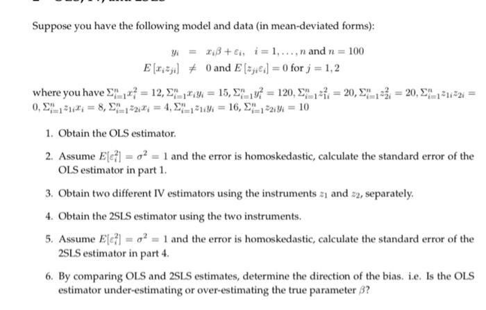 Solved Suppose you have the following model and data (in | Chegg.com