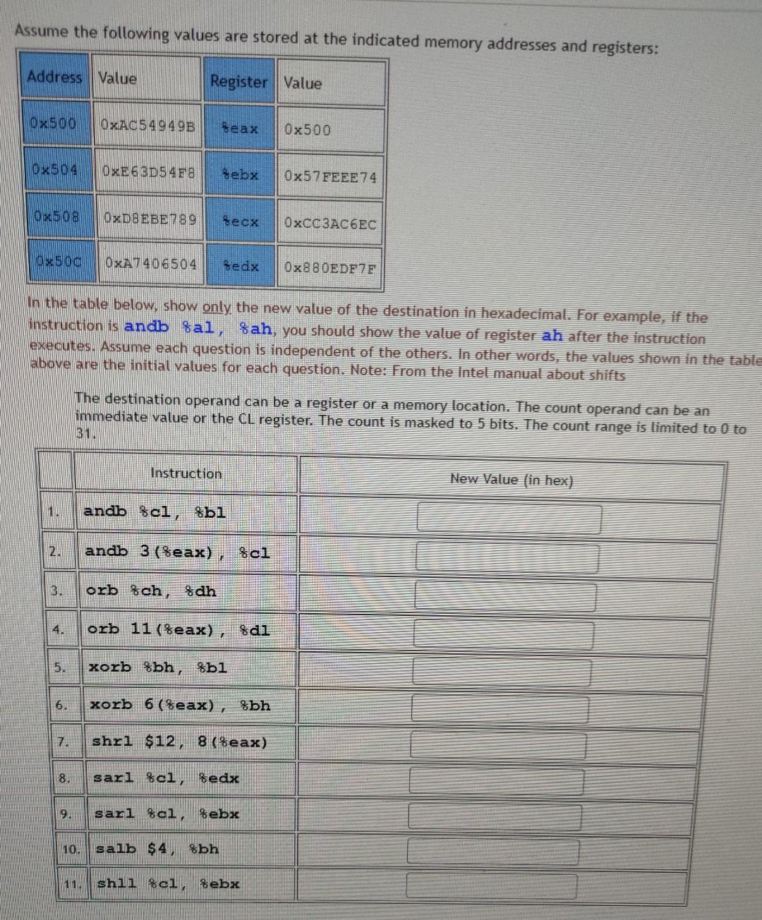 Solved Assume the following values are stored at the | Chegg.com