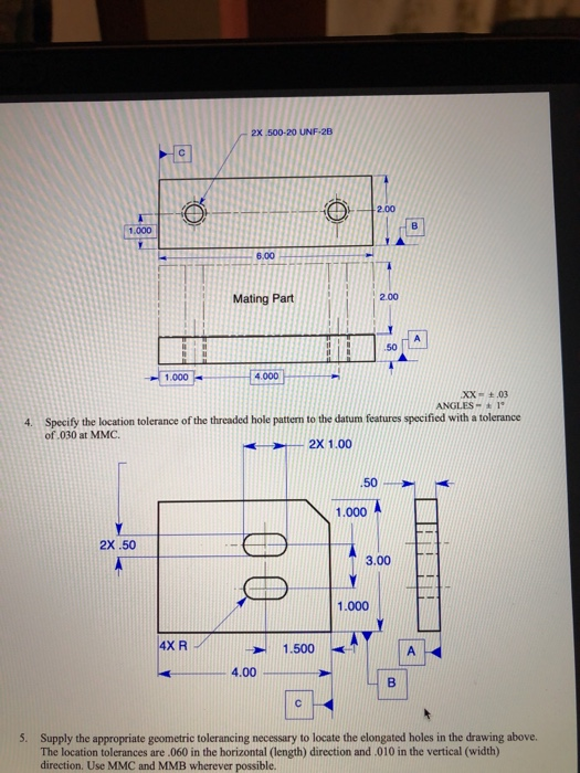 Solved 2x 500-20 UNF-2B 0 2 .00 Mating Part 1.000 XX - 1.03 | Chegg.com