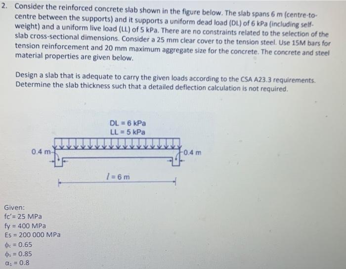 Solved 2. Consider the reinforced concrete slab shown in the | Chegg.com