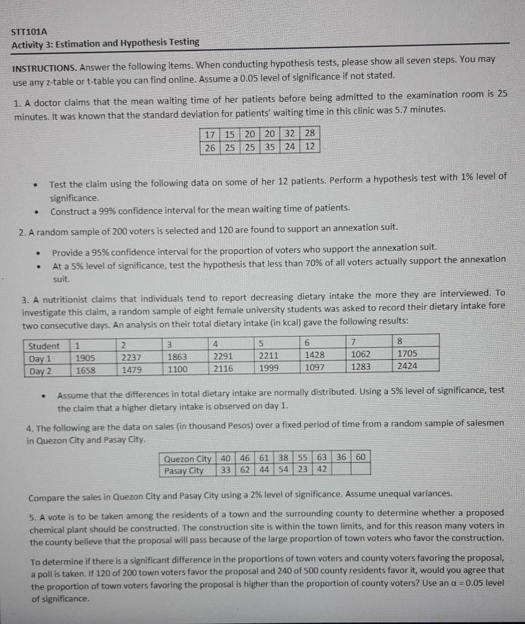 Solved STT101A Activity 3 Estimation And Hypothesis Testing Chegg