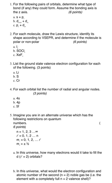 Solved 1. For the following pairs of orbitals, determine | Chegg.com