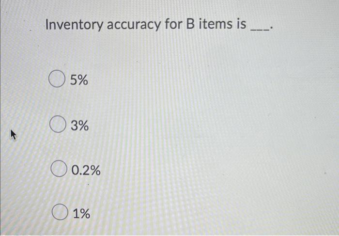 Solved Inventory Accuracy For B Items Is 5% Ⓒ3% O 0.2% 1% | Chegg.com