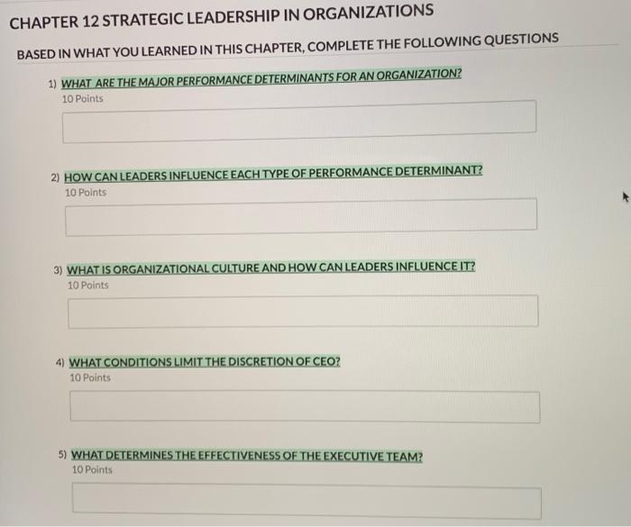 Solved CHAPTER 12 STRATEGIC LEADERSHIP IN ORGANIZATIONS | Chegg.com