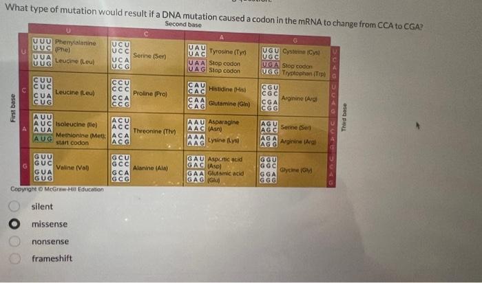 Solved What type of mutation would result if a DNA mutation | Chegg.com