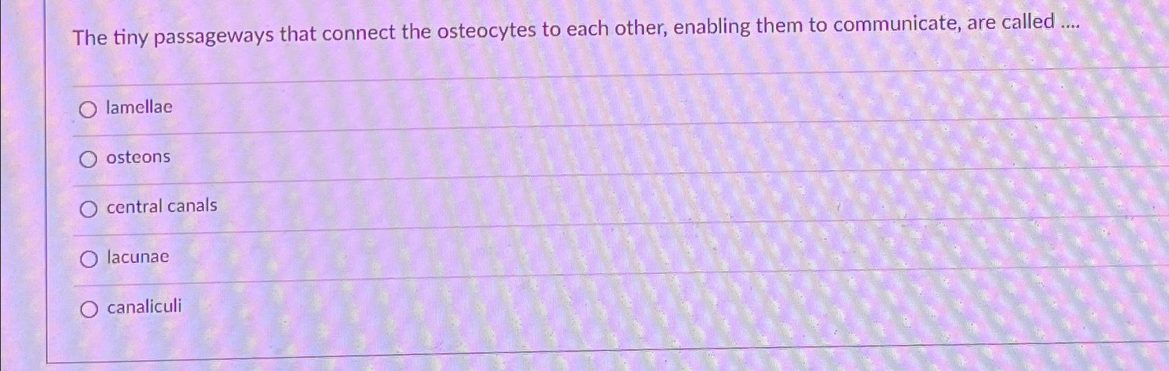Solved The tiny passageways that connect the osteocytes to