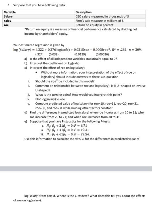 Solved 1. Suppose that you have following data: Variable | Chegg.com