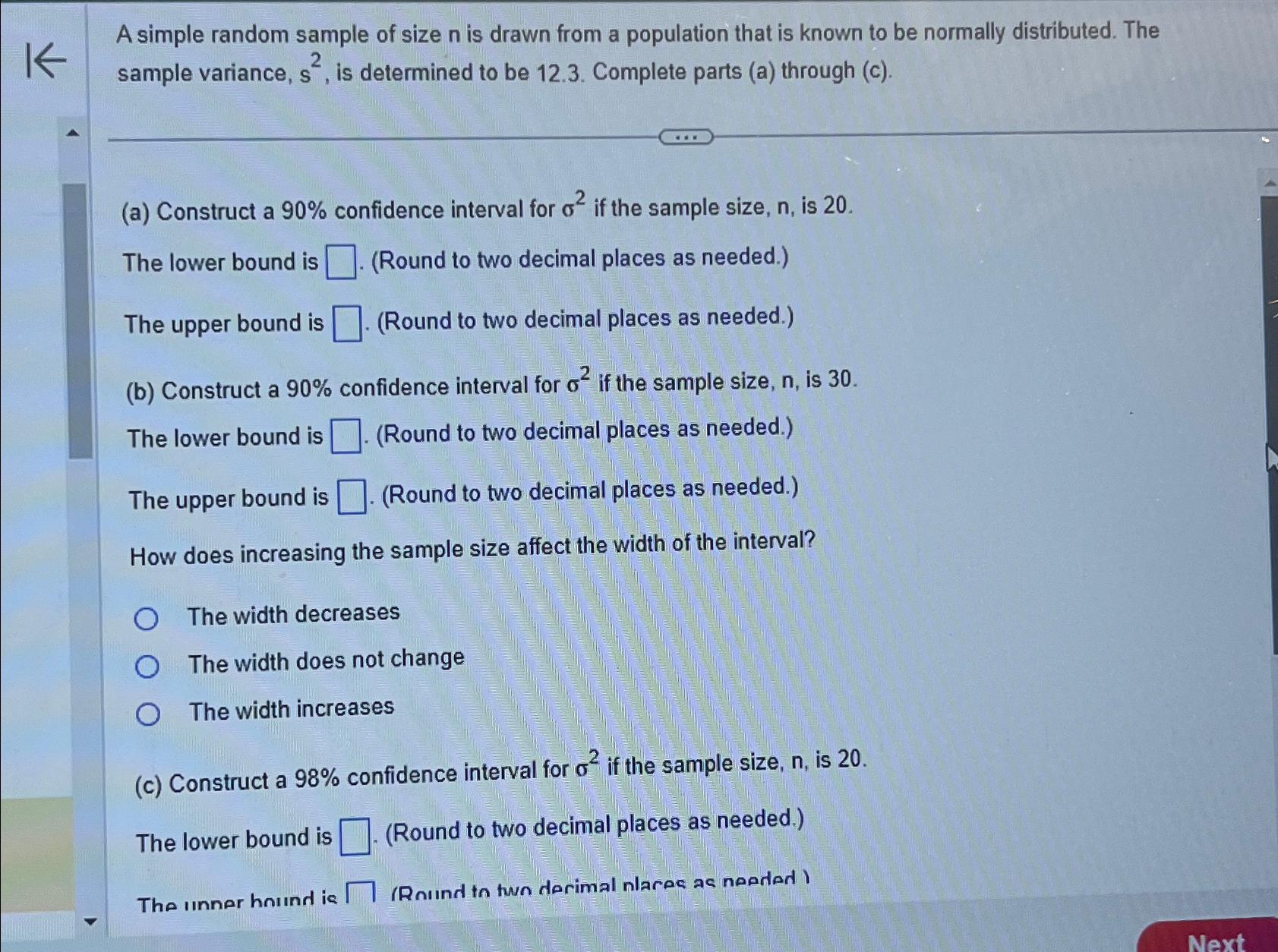 Solved A simple random sample of size n ﻿is drawn from a | Chegg.com