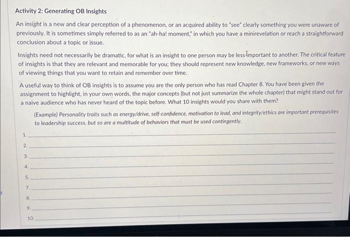 Solved Activity 2: Generating OB Insights An insight is a | Chegg.com