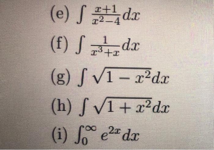 Solved (e) dr 2+1 T²-4 1 (f) Sdr dx (g) √ √1-r²dr (h) | Chegg.com