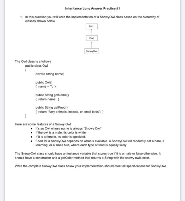 Solved Inheritance Long Answer Practice #1 1. In this | Chegg.com