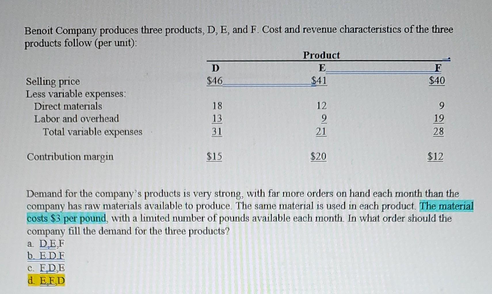 Solved Benoit Company produces three products, D, E, and F.