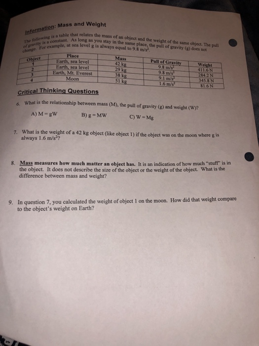 Solved Information Mass And Weight The Following Is A Table Chegg Com