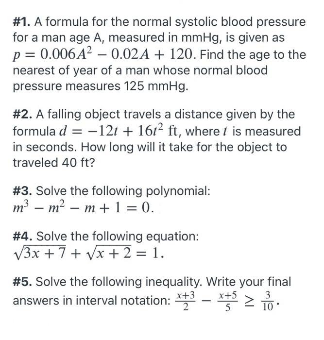 Solved 1. A formula for the normal systolic blood pressure