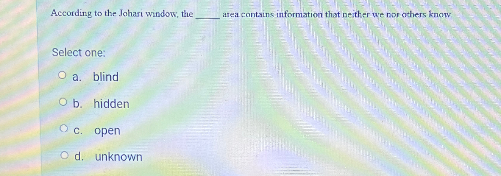 Solved According To The Johari Window The Area Contains Chegg Com