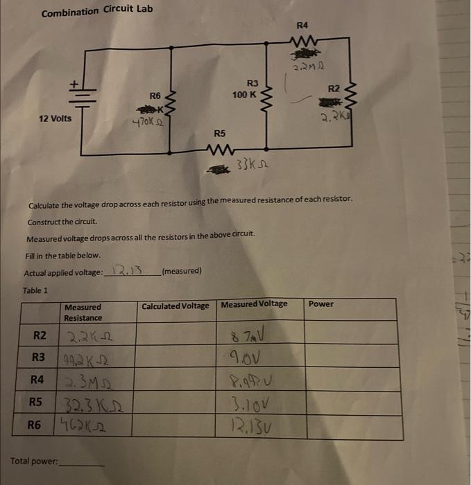 Solved Combination Circuit Lab Calculate The Voltage Drop | Chegg.com