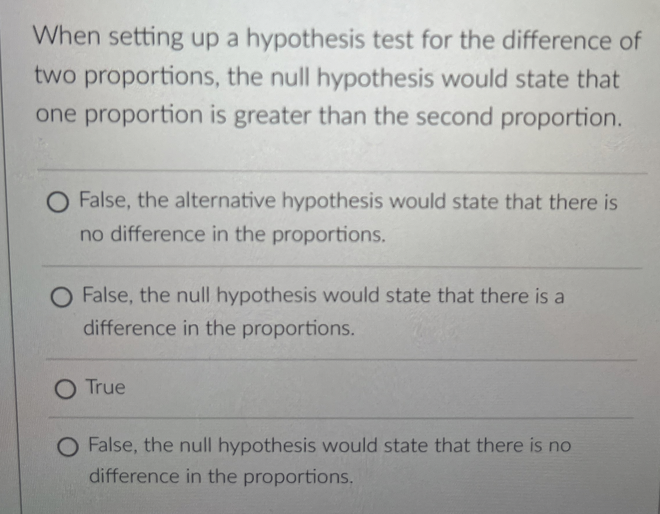Solved When setting up a hypothesis test for the difference | Chegg.com