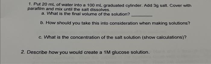 Solved 1. Put 20 mL of water into a 100 mL graduated | Chegg.com