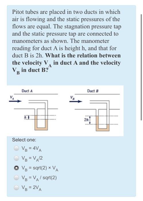 Solved Pitot Tubes Are Placed In Two Ducts In Which Air Is Chegg Com