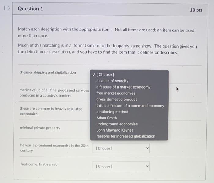 Solved Question 1 10 pts Match each description with the | Chegg.com