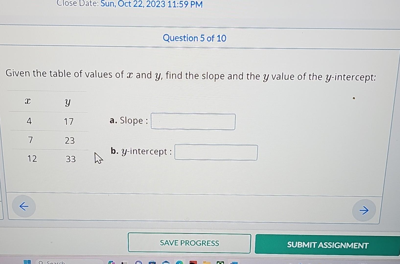 Solved iven the table of values of x and y, find the slope | Chegg.com