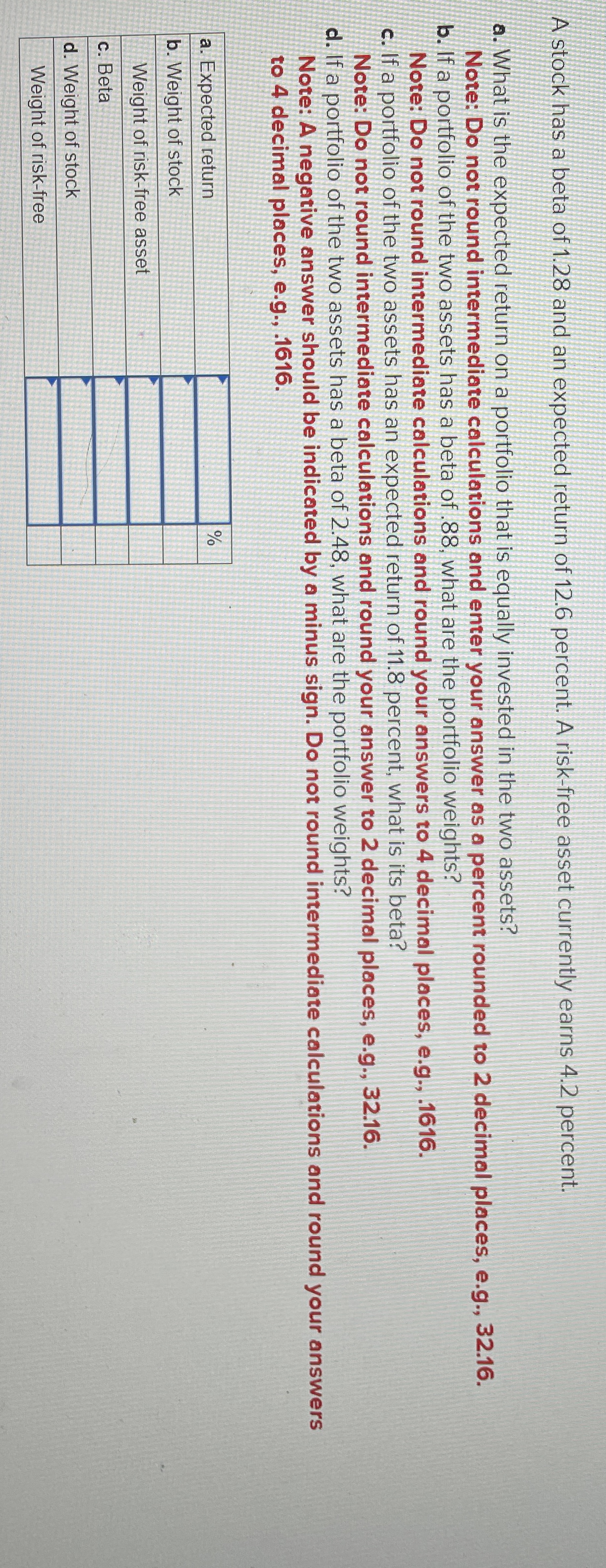 A stock has a beta of 1.28 ﻿and an expected return of