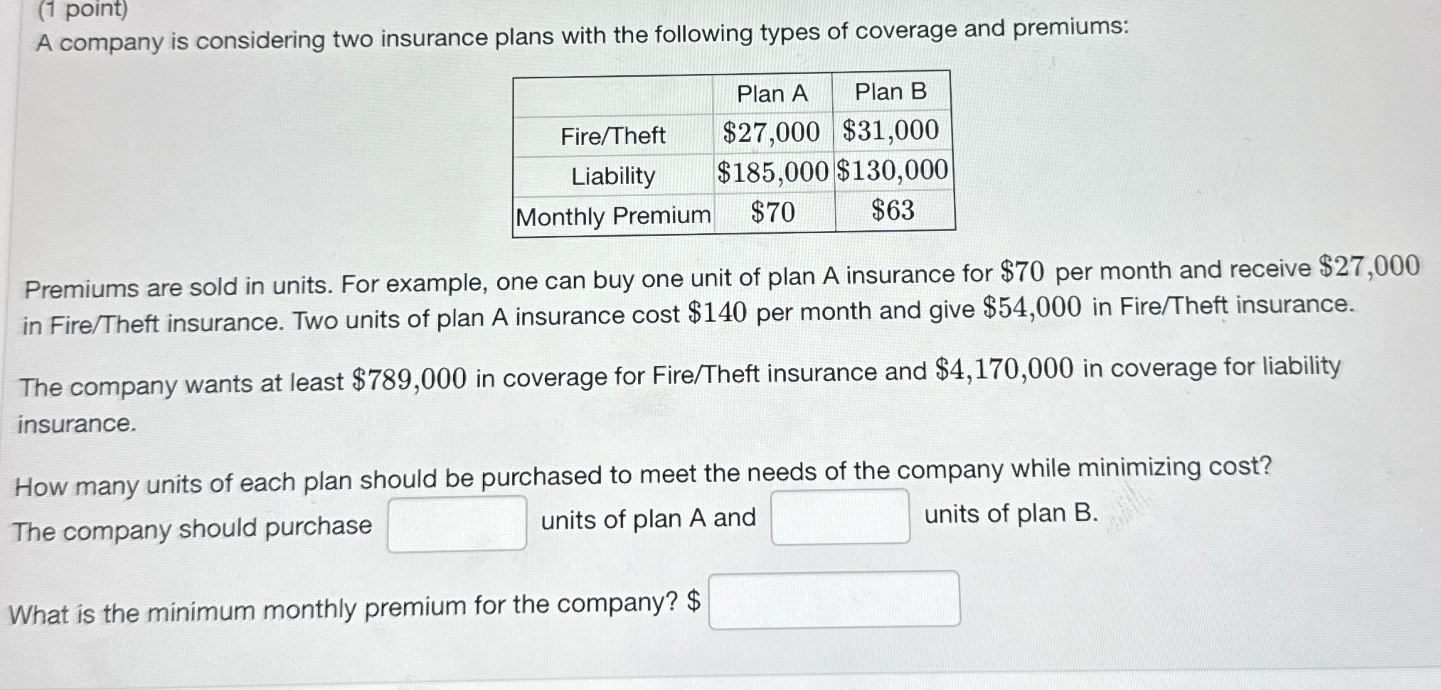 Solved (1 ﻿point)A company is considering two insurance | Chegg.com