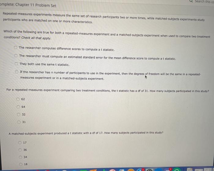 Solved 3 Repeated measures And Matched subjects Experiments Chegg