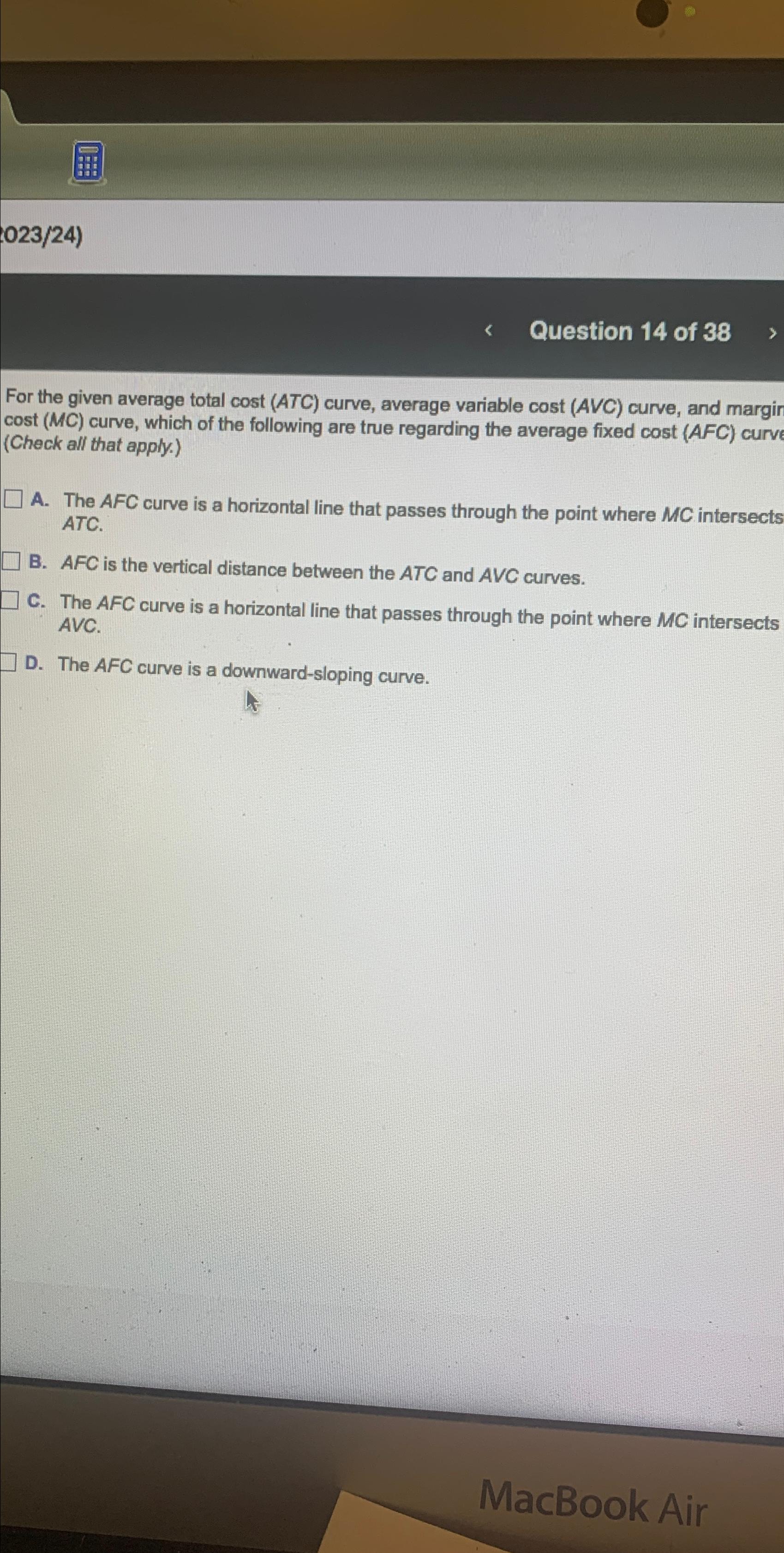 Solved 02324Question 14 ﻿of 38For the given average total | Chegg.com