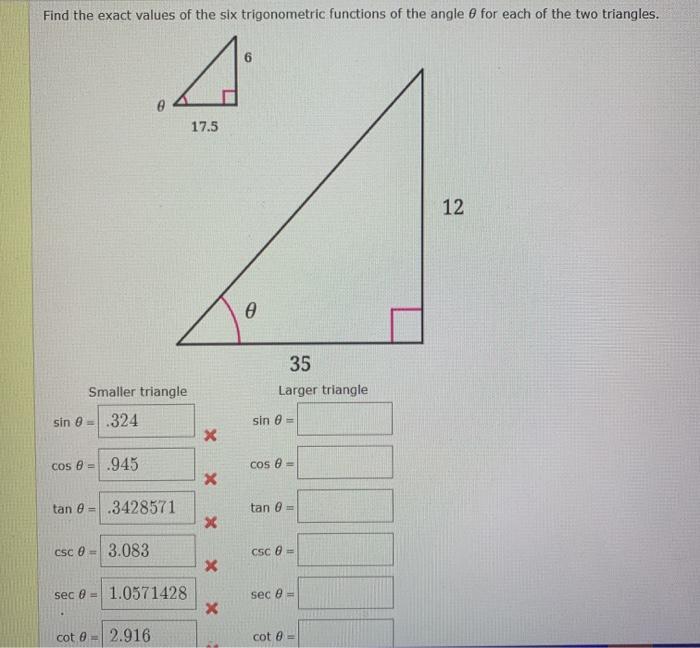 Solved Find the exact values of the six trigonometric | Chegg.com