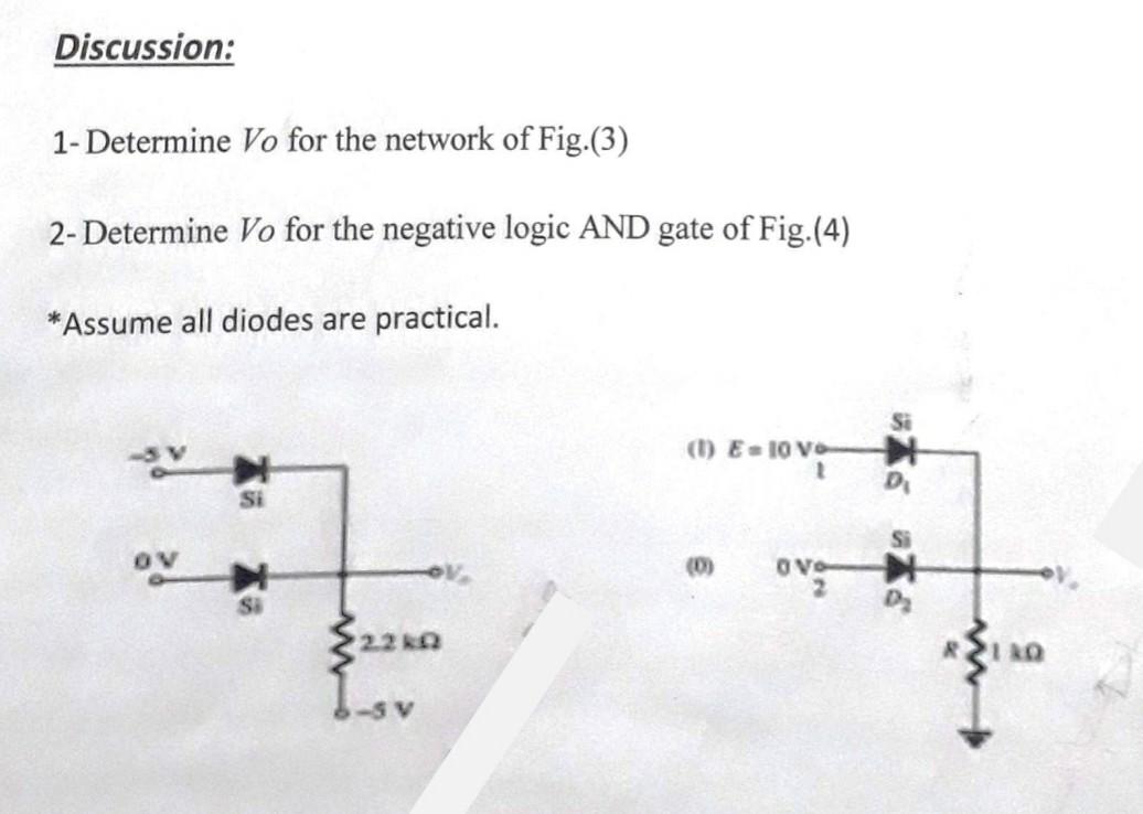 Discussion: 1- Determine Vo for the network of Fig.(3) 2- Determine Vo for the negative logic AND gate of Fig.(4) *Assume all