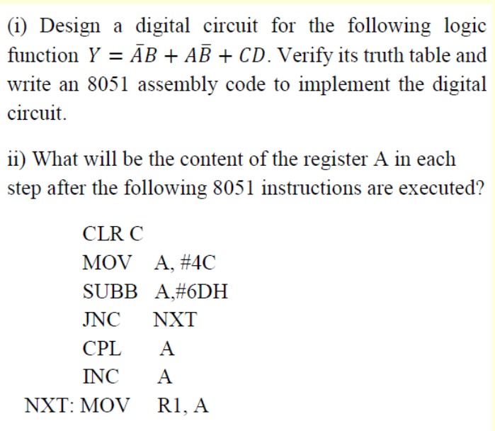 Solved (i) Design a digital circuit for the following logic | Chegg.com