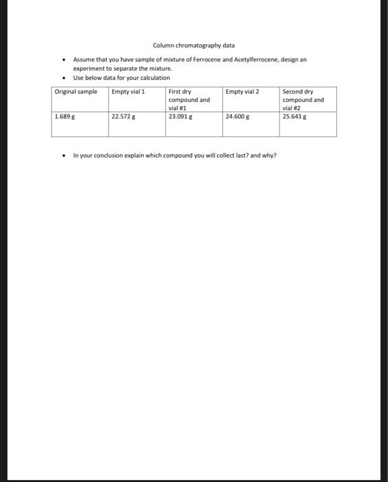 Solved Column chromatography data • Assume that you have | Chegg.com