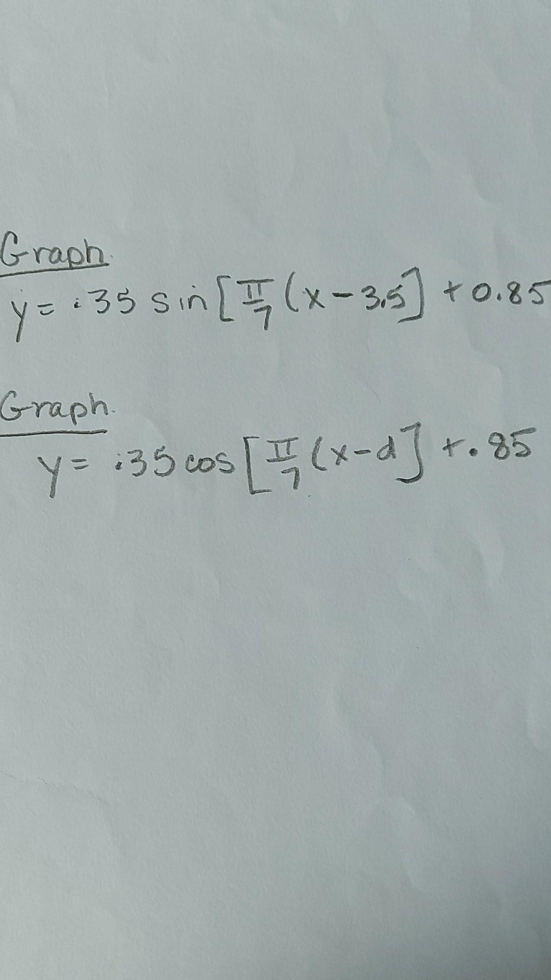 Graph \( y=.35 \sin \left[\frac{\pi}{7}(x-3.5]+0.85\right. \) \( y=.35 \cos \left[\frac{\pi}{7}(x-d]+.85\right. \)